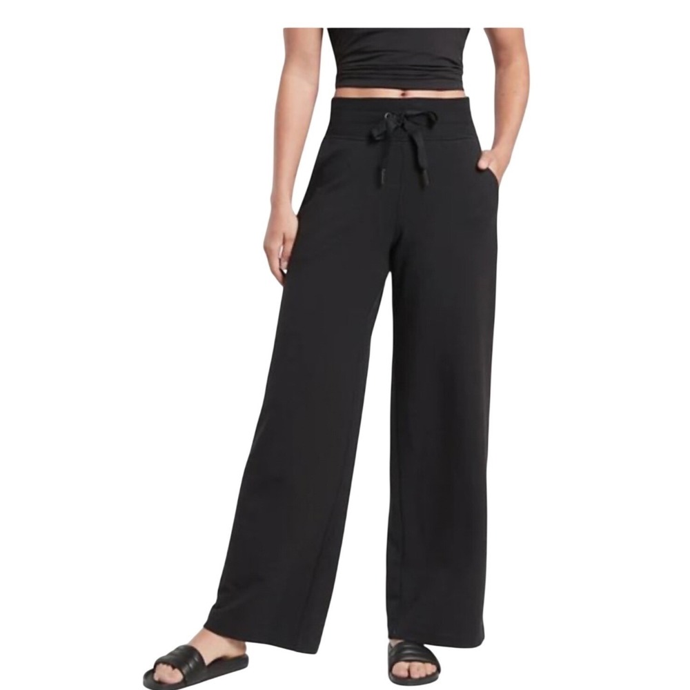 Athleta Coaster Luxe Wide Leg Pants Black Drawstring High Rise XL Tall Zip Pckt